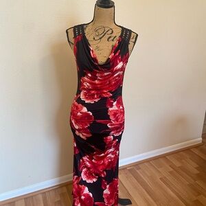 Elegant, black and red floral ruched maxi dress